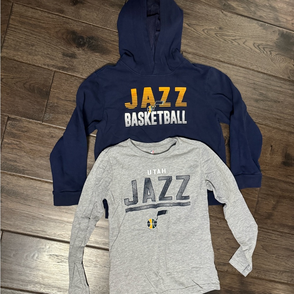 Youth Medium Utah Jazz sweatshirt and long sleeve tshirt.